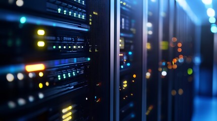Aufkleber - High tech servers in a data center with glowing lights indicating digital connectivity : Generative AI