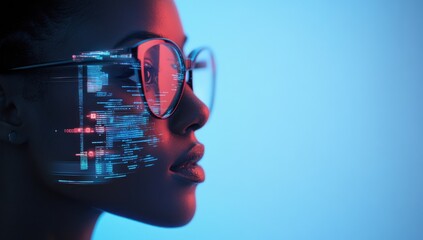 Poster - Profile of a Young Woman with Glasses Surrounded by Futuristic Digital Effects, Representing Technology, Innovation, and Human-Machine Interaction in a Colorful Setting