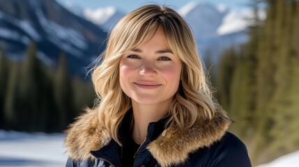 Wall Mural - Smiling Woman Enjoys Winter Wonderland, Exploring Snowy Trail amidst Majestic Mountains