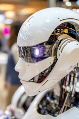 Leinwandbilder - Closeup of Futuristic Robot Head with Synthetic Skin and Internal Mechanics : Generative AI
