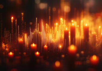 Poster - Soft Glowing Candles with Flickering Flames Creating a Warm and Tranquil Ambiance in a Dimly Lit Space Surrounded by Abstract Light and Digital Waves