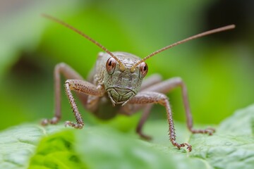 Poster - Close-up of Grasshopper on Green Leaf in Natural Habitat : Generative AI