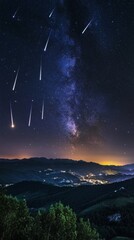 Wall Mural - starry night with shooting stars falling with copy space vertically 9:16