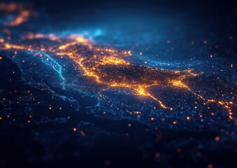 Poster - Stunning Night View of a Map Displaying Twinkling Urban Lights and Vibrant Cityscapes with Dynamic Color Schemes and Abstract Designs Illustrating Connectivity and Growth