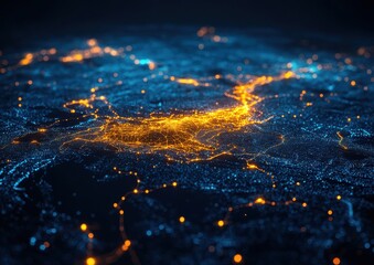 Poster - Stunning Nighttime Aerial View of Vibrant City Lights Connected by a Network of Glowing Digital Data Flow in a Modern Urban Landscape
