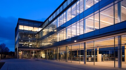 Aufkleber - Modern Corporate Office Building with Glass Facade Illuminated at Dusk : Generative AI