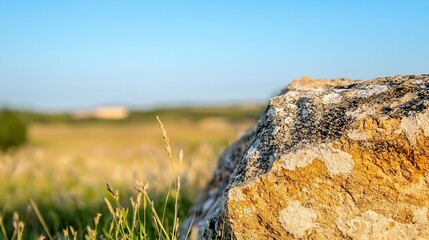 Aufkleber - Close Up of Weathered Rock in Sunlit Grassland with Clear Blue Sky Horizon : Generative AI