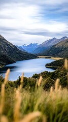 Poster - Tranquil River Valley with Lush Green Hills and Majestic Mountains : Generative AI