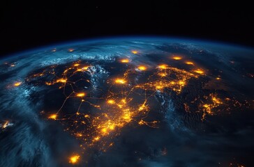 Poster - Stunning View of Earth at Night Showing Illuminated Cities and Network Connections from Space Captured in High Resolution with a Cosmic Backdrop