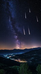 Wall Mural - starry night with shooting stars falling with copy space vertically 9:16
