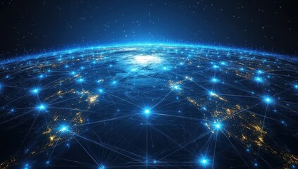 Poster - Stunning View of Earth Illuminated at Night with Network Connections Representing Global Communication and Technology Advancements on a Starry Background