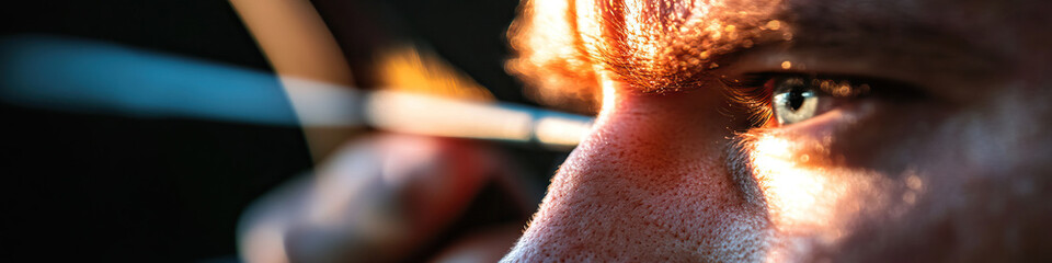 Wall Mural - Close-up of a Person's Eye and Face with Blurred Arrow