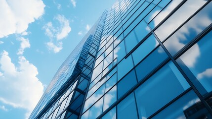 Poster - Modern glass skyscraper reflecting blue sky and clouds in urban city environment architecture : Generative AI