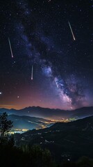 Wall Mural - starry night with shooting stars falling with copy space vertically 9:16