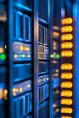 Aufkleber - Close up view of blue and orange glowing lights on data server in technology lab : Generative AI