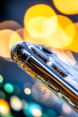 Aufkleber - Closeup of Shiny Smartphone with Blurred Lights Background Representing Modern Technology : Generative AI