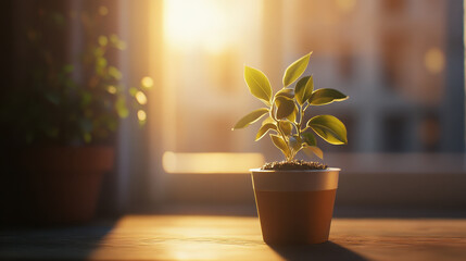 Wall Mural - A small potted plant basking in warm sunlight by a window, symbolizing growth and vitality.