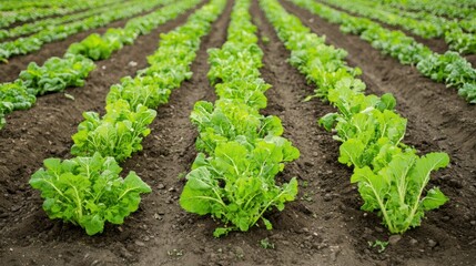 Poster - Fresh Green Leafy Vegetables Growing in Neat Farm Rows