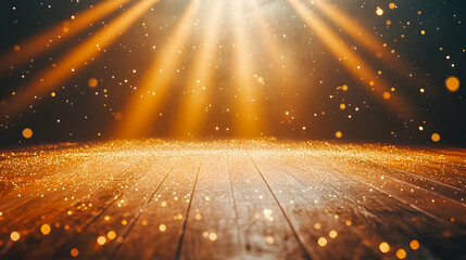 Poster - Dramatic Lighting with Golden Sparkles and Dust Particles on Wooden Floor Creating a Magical and Enchanting Atmosphere for Background Use