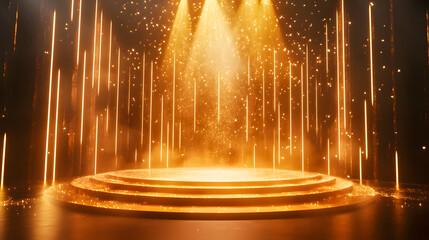 Poster - Golden stage with radiant lights and sparkles creating an enchanting atmosphere for a performance or special event backdrop