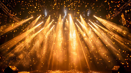 Poster - Golden Spotlight Beams Illuminate Stage with Sparkling Atmosphere and Festive Ambiance during Live Performance or Event Celebration