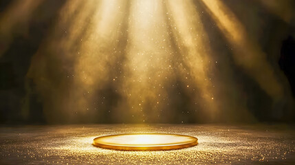 Poster - Radiant Spotlight Illuminating a Golden Platform Surrounded by Ethereal Dust Particles in a Dramatic Atmospheric Scene