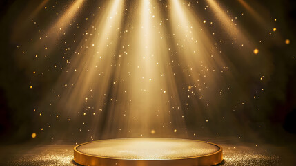 Poster - Golden Spotlight Stage with Radiant Light Beams and Sparkling Particles for Dramatic Presentation or Performance Use