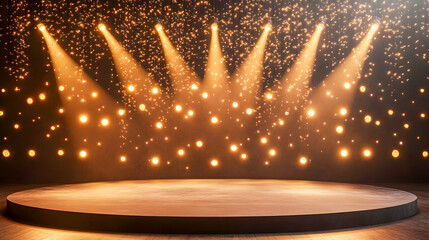 Poster - Bright golden stage lights creating an elegant atmosphere for a performance or event with sparkling bokeh background and circular wooden floor