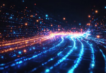 Poster - Vibrant Flowing Light Particles Creating a Dynamic Abstract Background for Technology and Innovation Themes in Digital Art and Media Projects