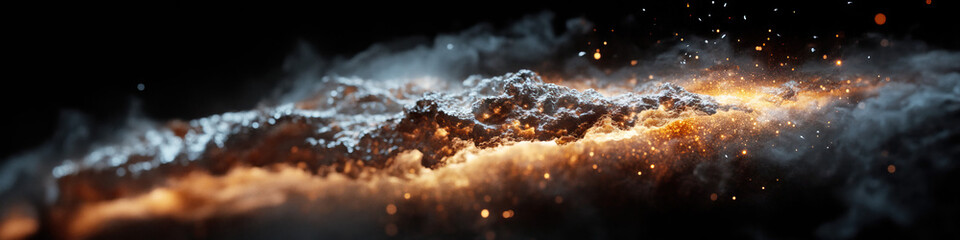 Poster - Glowing Embers Beneath Grey Rock Formation with Smoke and Particles