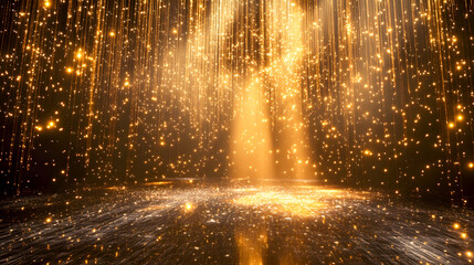 Poster - Magical Golden Lights and Sparkles Fall from Above in a Mystical Environment with Rays of Light Illuminating a Dark Background