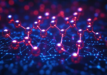 Poster - Vibrant Molecular Structure in a Futuristic Environment with Red and Blue Colors Representing Scientific Research and Technology Integration