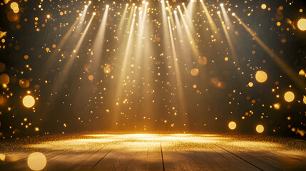 Poster - Sparkling Stage with Golden Lights and Glittering Bokeh Effect for Celebrations, Performances, and Festive Events Atmosphere