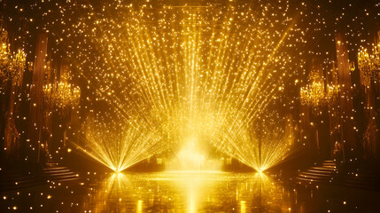 Poster - Spectacular Golden Stage with Sparkling Lights and Glowing Effects for Events and Celebrations in a Luxurious Atmosphere