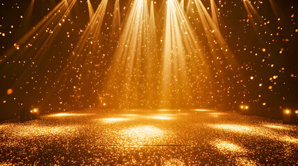 Poster - Golden Stage with Bright Lights and Sparkling Particles Creating a Festive Atmosphere for Events, Performances, and Celebrations