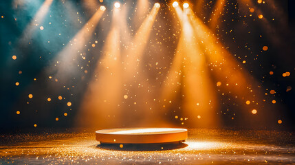 Poster - Dramatic Stage with Spotlights Illuminating a Circular Platform Surrounded by Glowing Particles in an Entertaining Atmosphere
