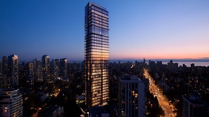 Aufkleber - Modern residential skyscraper at dusk in vibrant urban city skyline landscape with glowing lights : Generative AI