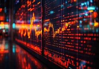 Poster - Vivid Visualization of Stock Market Trends with Neon Data Charts and Glowing Indicators Displayed on a Modern Digital Screen in an Urban Environment