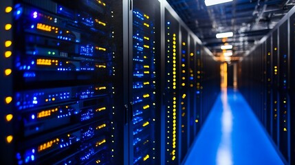 Poster - Modern Technology Data Center Room with Blue Illuminated Servers in Operation : Generative AI