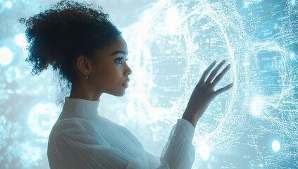 Poster - Young woman interacting with futuristic digital hologram technology, exploring data and connections in a visionary, innovative landscape of light and information flow