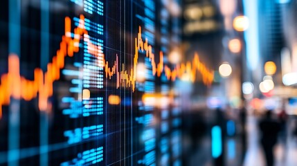 Poster - Financial stock market data on screen with rising graph in urban city setting : Generative AI