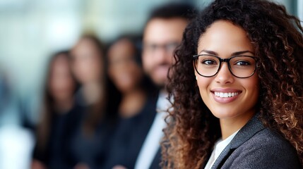 Poster - Professional Woman in Glasses Smiling in Focused Corporate Team Environment : Generative AI