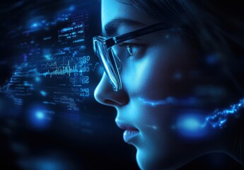 Poster - Young woman with glasses immersed in futuristic digital interface, analyzing data projections and algorithms in a dark, high-tech environment, showcasing innovation and technology.