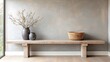 © nilawan - Rustic Wooden Bench, Vase, Basket, Grey Wall - Minimalist design