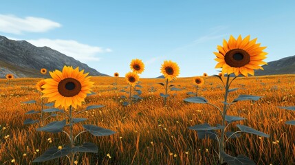 Sticker - Sunflowers Blooming in a Golden Meadow Under Blue Sky