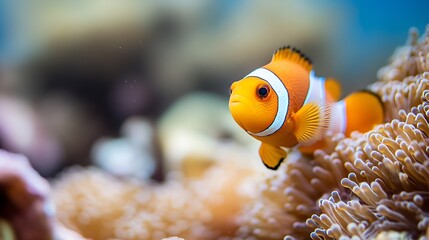 Poster - Close-up of orange and white clownfish in a vibrant coral reef undersea environment : Generative AI