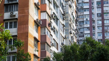 Aufkleber - Dense Urban Apartment Towers with Mixed Architectural Stylistic Influences : Generative AI