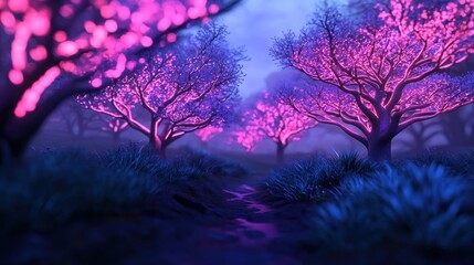 Sticker - Enchanted Forest with Glowing Pink Trees and Misty Background