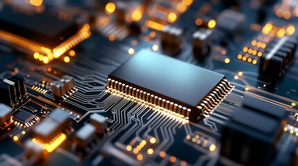 Poster - Closeup of electronic circuit board with glowing components showcasing advanced technology : Generative AI