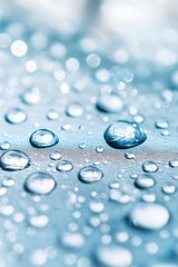 Poster - Close-Up of Water Droplets on a Blue Surface with Reflective Light Creating a Refreshing Abstract Background : Generative AI